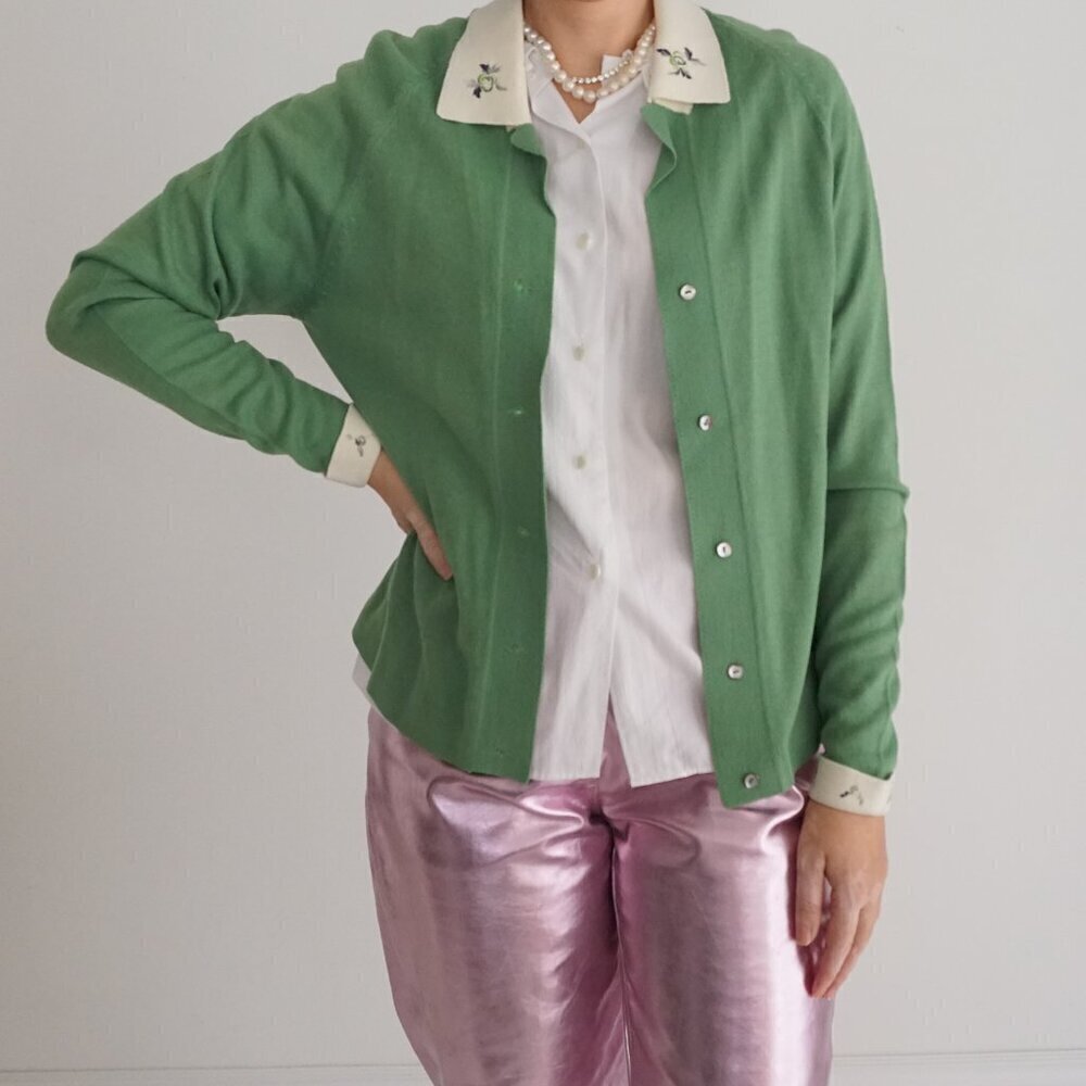 Vintage 70's Velicren Green w Cream Collar Wool Blend Button Cardigan Sweater S